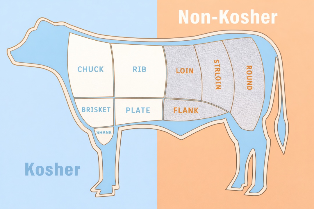 Kosher Meat Cow beef diagram explaining Kosher and non-kosher meat parts of an animal