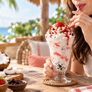 A girl drinking Tropical Cookie Crumble Layer Coconut Milkshake