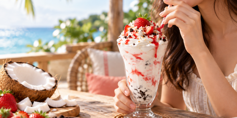 A girl drinking Tropical Cookie Crumble Layer Coconut Milkshake