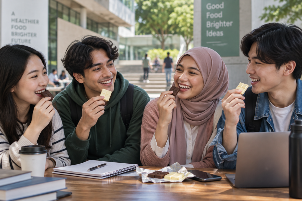 A group of friend eating dark chocolate and white chocolate