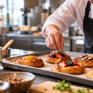 Baker shaping Danish pastry dough on bakery counter