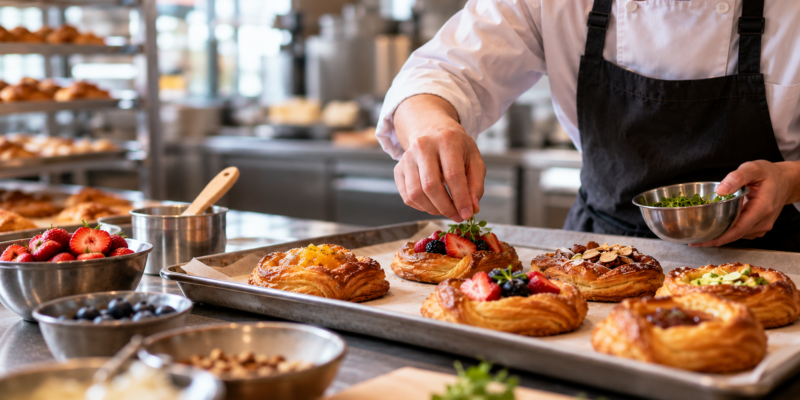 Baker shaping Danish pastry dough on bakery counter