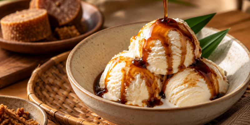 Arenga Palm Sugar Syrup Drizzled on Ice Cream
